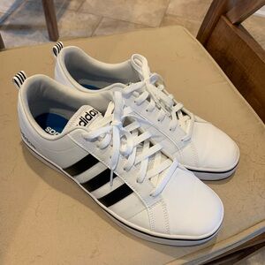 Adidas, Mens 10.5 shoe , white with black stripe and blue bottom